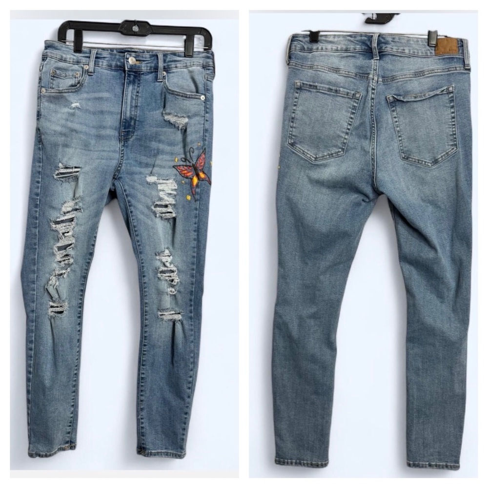 Aero Sz 12 Distressed Skinny Jeans Denim Butterfly Embroidery Thrashed Y2K Boho